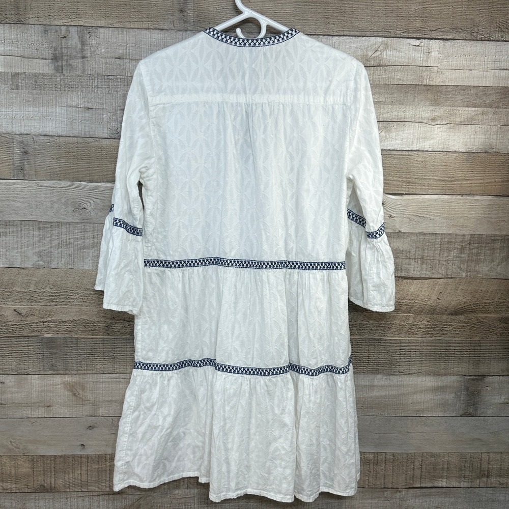 Tommy Bahama White Cotton Jacquard Tiered Tassel Mini Dress Navy Embroidery M/M - Picture 5 of 8